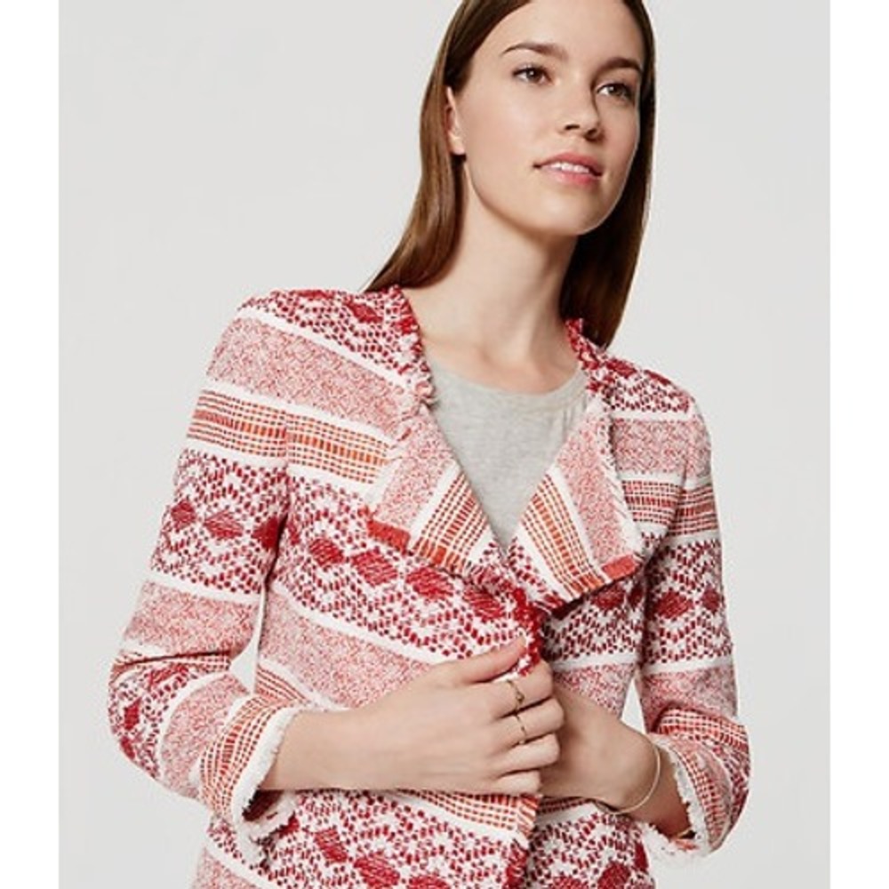 LOFT Ann Taylor Fiesta Woven Blazer 6P Red Orange Fringe Trim Open Jacket Petite